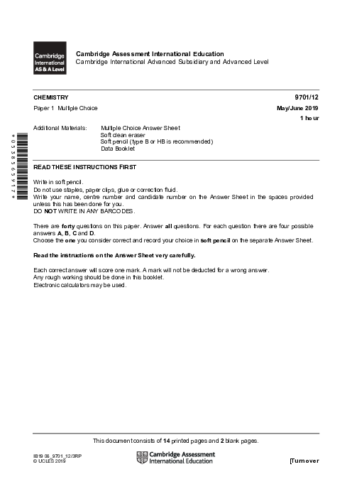 Chemistry 9701/12 May June 2019 | Cambridge AS Level Past Papers With Mark Scheme