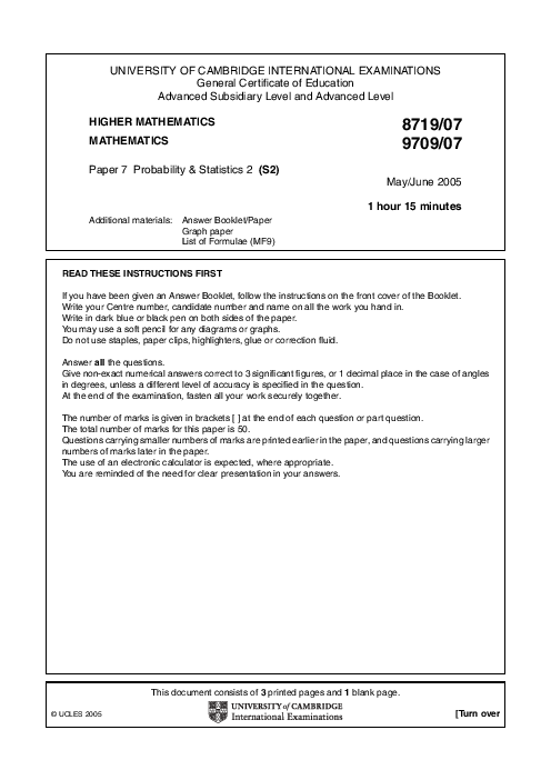 Mathematics 9709/07 May June 2005 | Cambridge AS & A Level Past Papers With Mark Scheme