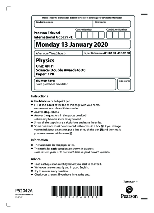  Physics 4PH1/1PR January  2020 | Edexcel  IGCSE Past Papers With Mark Scheme