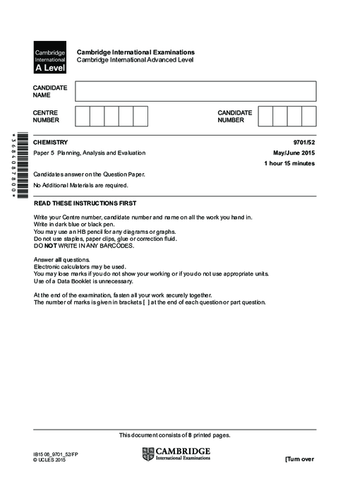 Chemistry 9701/52 May June 2015 | Cambridge AS Level Past Papers With Mark Scheme