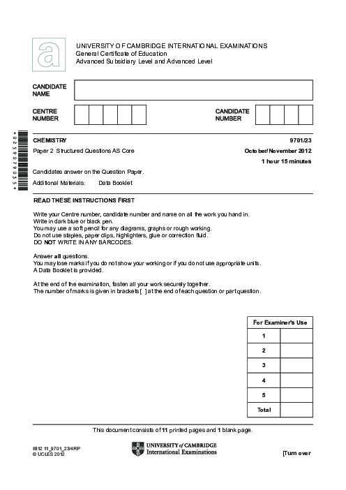 Chemistry 9701/23 Oct Nov 2012 | Cambridge AS Level Past Papers With Mark Scheme