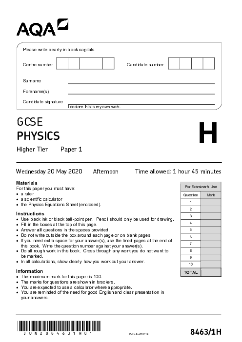 Physics 8463/1 H June 2020