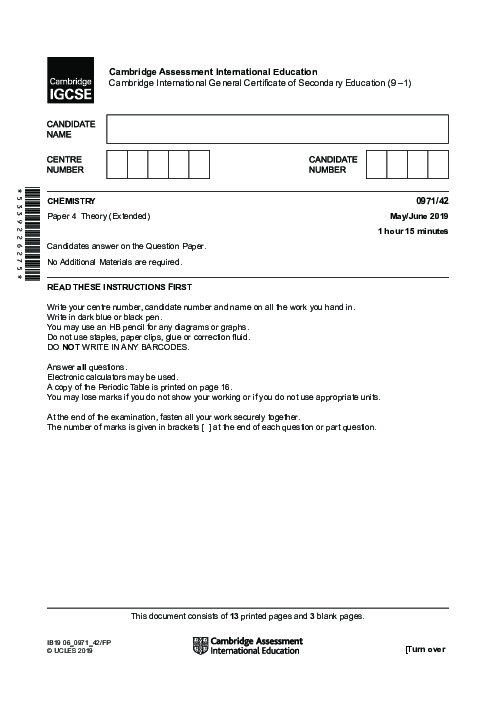  Chemistry 0971/42 May June 2019 | Cambridge 9–1 IGCSE Past Papers With Mark Scheme