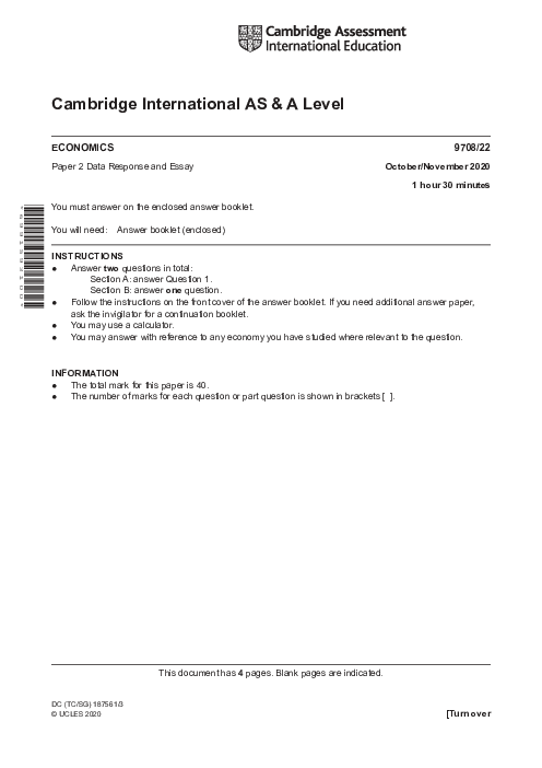 Economics 9708/22 Oct Nov 2020 | Cambridge AS Level Past Papers With Mark Scheme