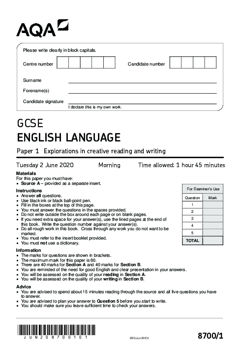 English Language 8700/1 June 2020