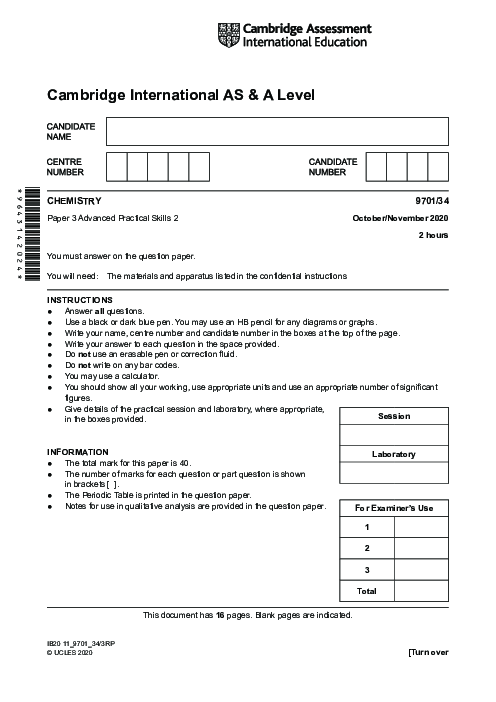 Chemistry 9701/34 Oct Nov 2020 | Cambridge AS Level Past Papers With Mark Scheme