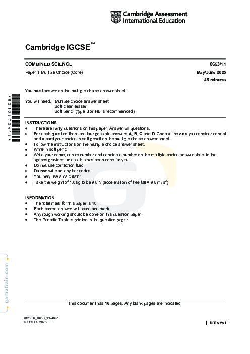 Science Combined 0653/11 May June 2025