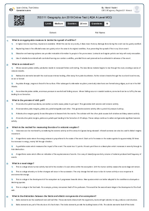 7037/11 Geography Jun 2019 Online Test | AQA A Level MCQ