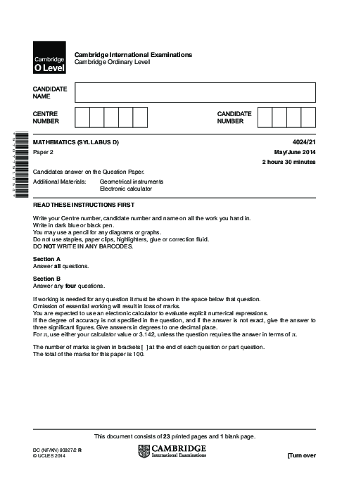 Mathematics Syllabus D 4024/11 May June 2014