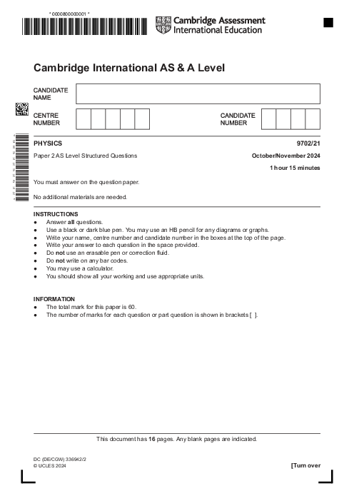 Physics 9702,21 Oct Nov 2024 | Cambridge AS - A Level Past Papers With Mark Scheme