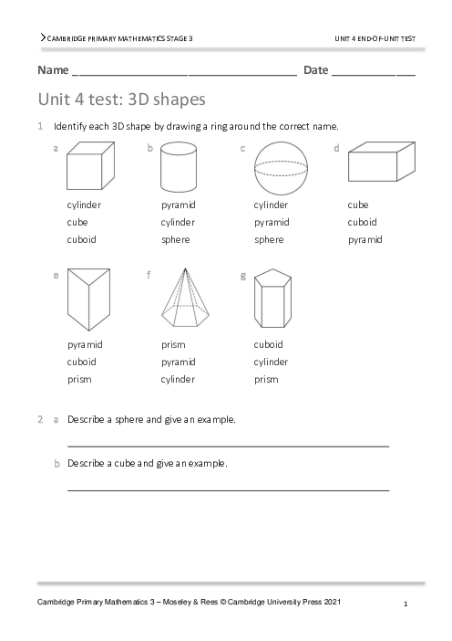 Year 3 Mathematics End of Unit 4 Test - Answers Included