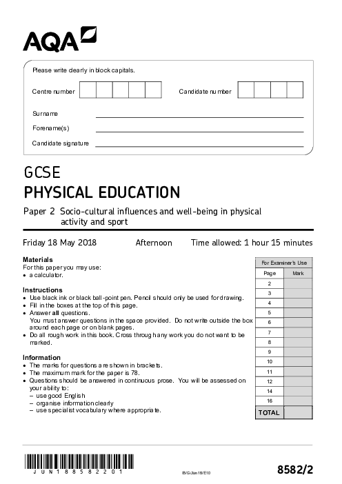 Physical Education 8582/2 June 2018