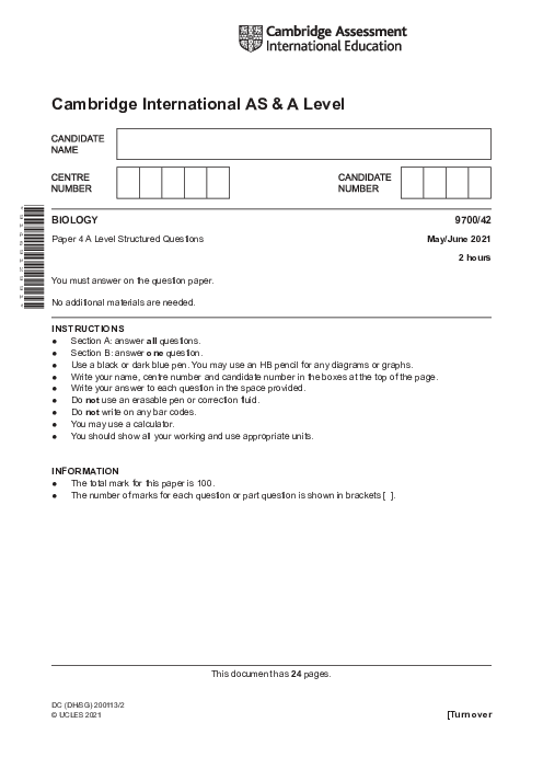 Biology 9700/41 May June 2021 | Cambridge AS Level Past Papers With Mark Scheme