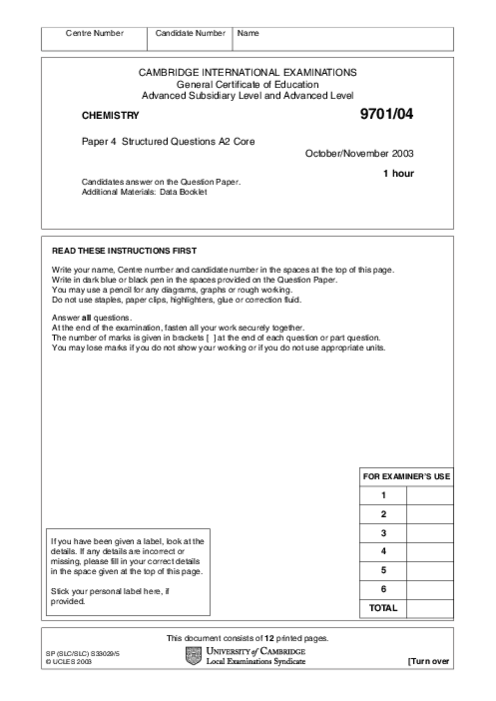 Chemistry 9701/03 Oct Nov 2003 | Cambridge AS Level Past Papers With Mark Scheme