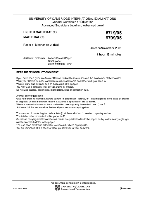 Mathematics 9709/01 May June 2006 | Cambridge AS & A Level Past Papers With Mark Scheme