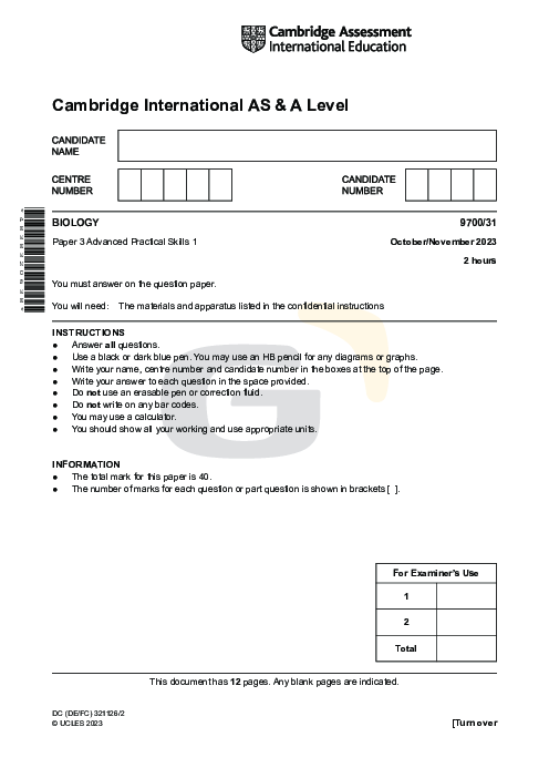 Biology 9700/31 Oct Nov 2023 | Cambridge AS Level Past Papers With Mark Scheme