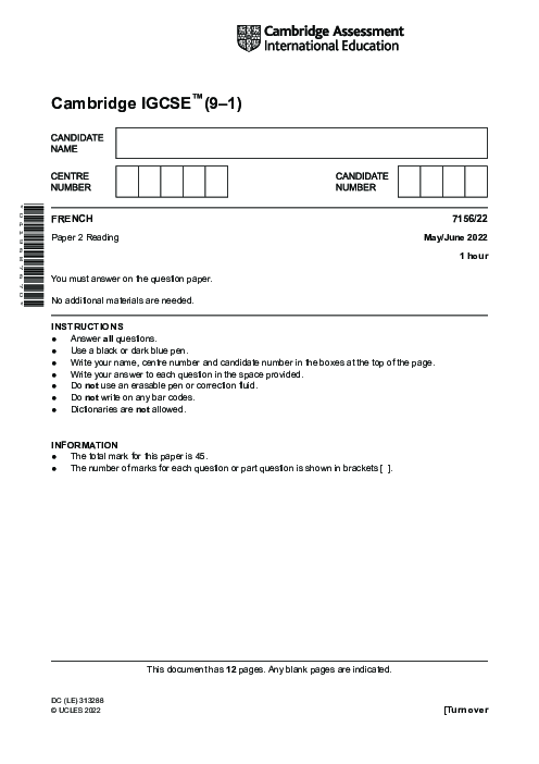  French 7156/22 May June 2022 | Cambridge 9–1 IGCSE Past Papers With Mark Scheme