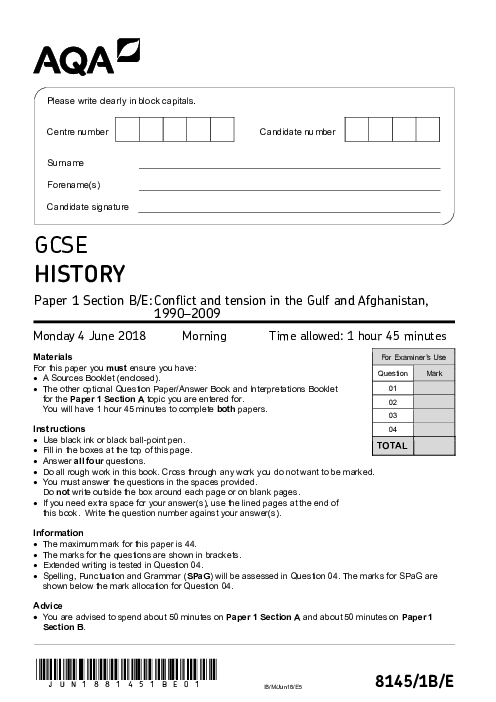 History 8145 Paper 1B,E June 2018, AQA GCSE Past Papers with Mark Schemes