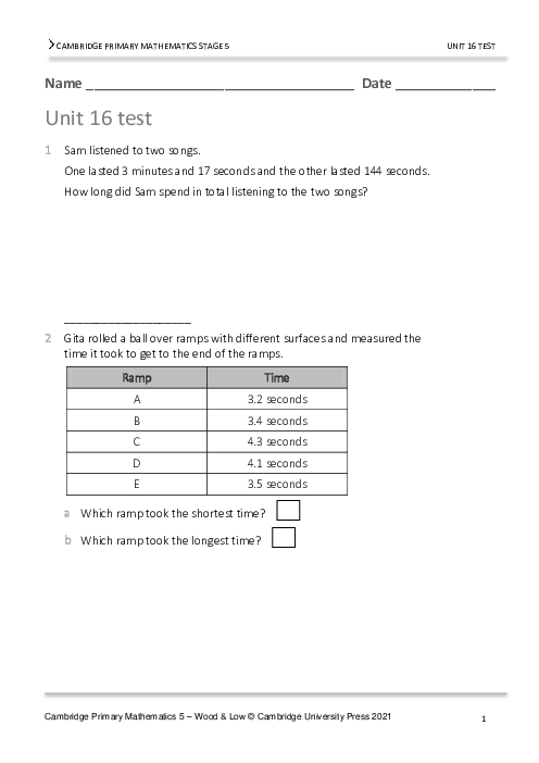 Year 5 Mathematics End of Unit 16 Test - Answers Included