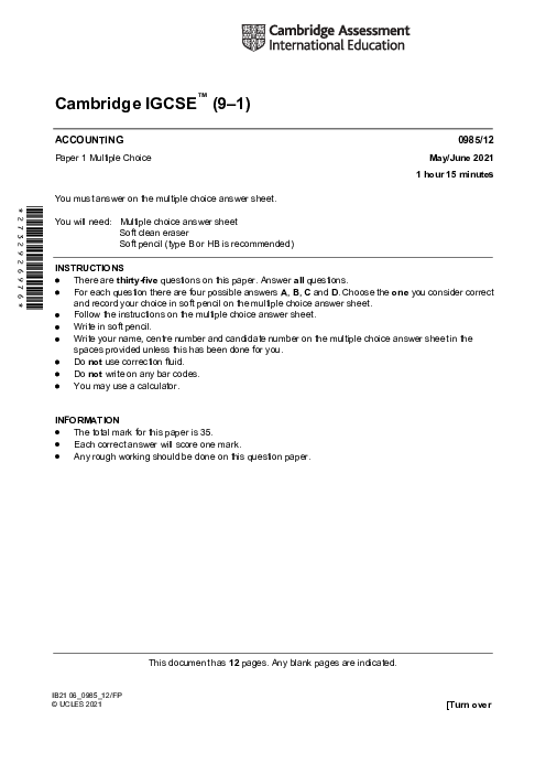 Accounting 0985/12 May June 2021 | Cambridge 9–1 IGCSE Past Papers With Mark Scheme