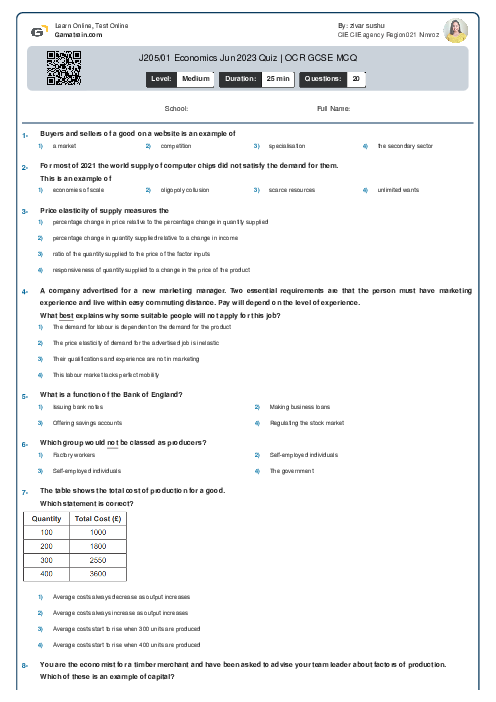  J205/01 Economics Jun 2023 Quiz | OCR GCSE MCQ