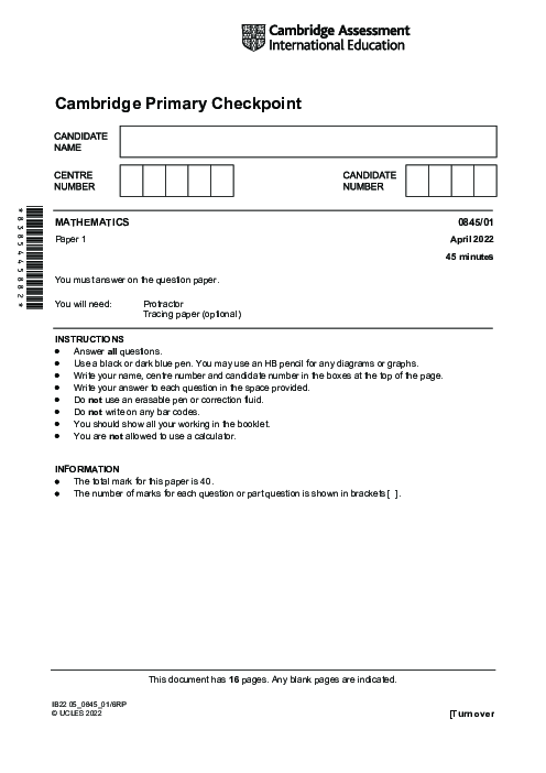  MATHEMATICS 0845,01 April 2022 | Cambridge Primary Checkpoint Past Papers and Mark Schemes