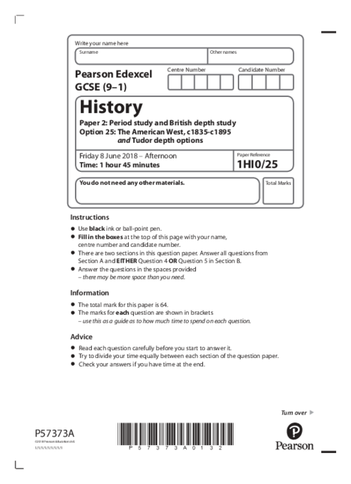  History  1HI0/25 June  2018 | Edexcel  GCSE Past Papers With Mark Scheme