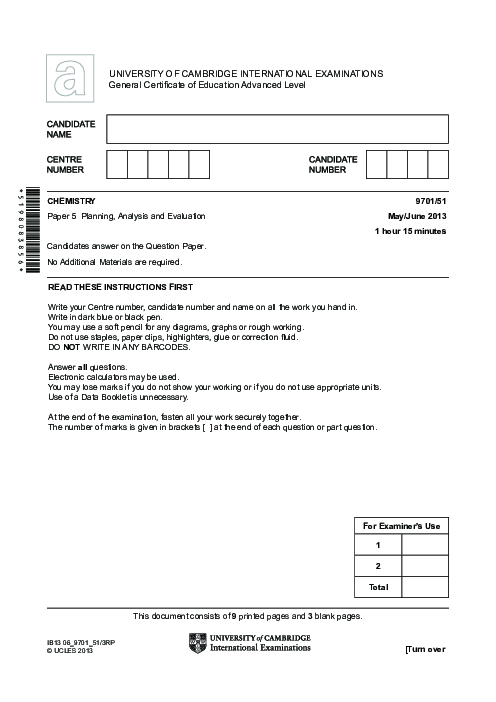 Chemistry 9701/51 May June 2013 | Cambridge AS Level Past Papers With Mark Scheme