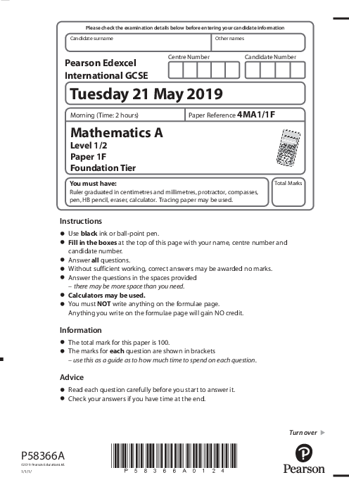 Mathematics (A) 4MA1/1F May Jun  2019 | Edexcel IGCSE Past Papers With Mark Scheme