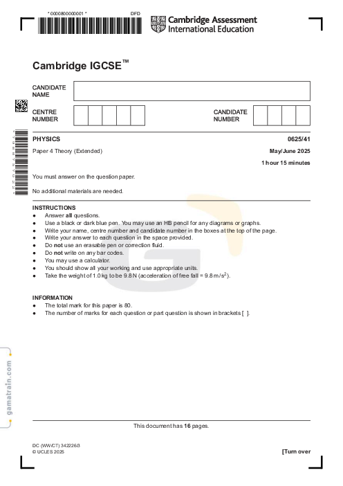Physics 0625/41 May June 2025