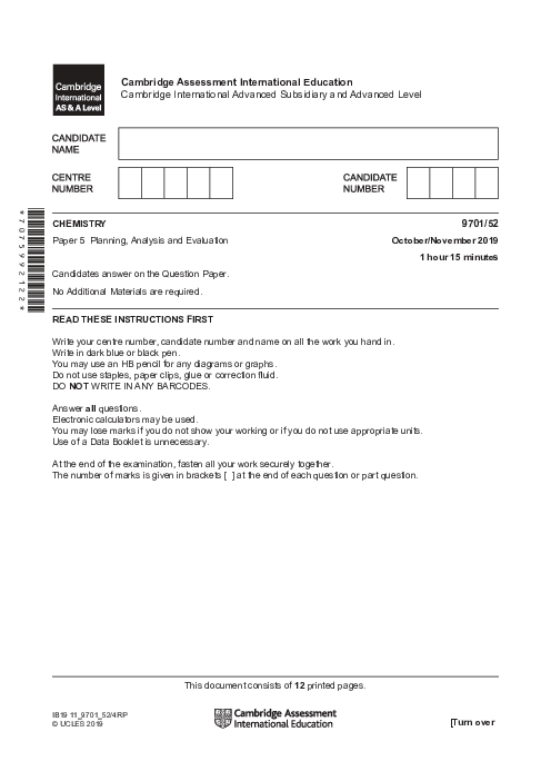 Chemistry 9701/52 Oct Nov 2019 | Cambridge AS Level Past Papers With Mark Scheme