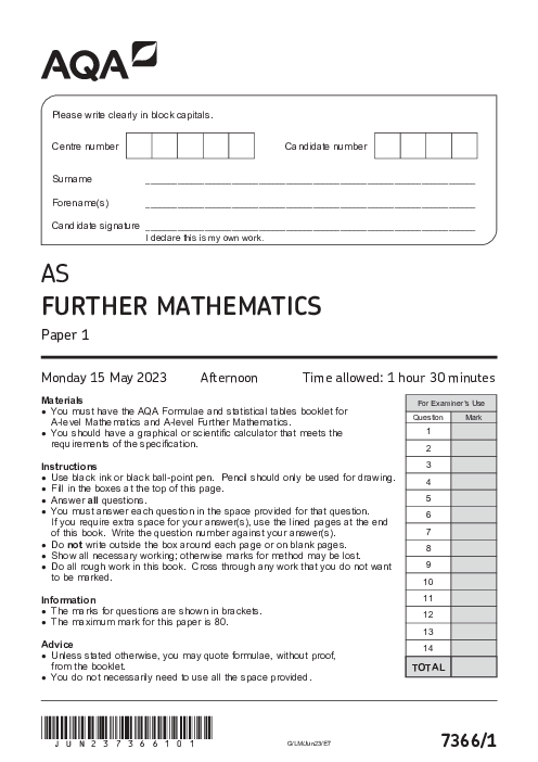 Further Mathematics 7366 Paper 1 June 2023, AQA AS-Level Past Papers with Mark Schemes