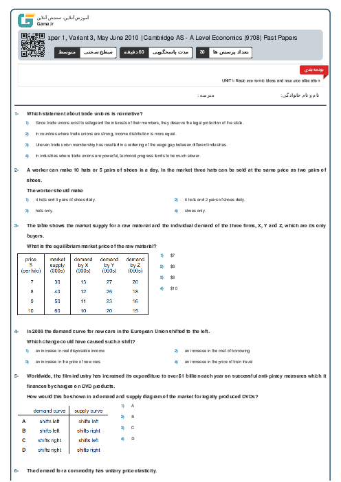 9708/13 Economics May Jun 2010 Online Test | Cambridge AS and A Level MCQ