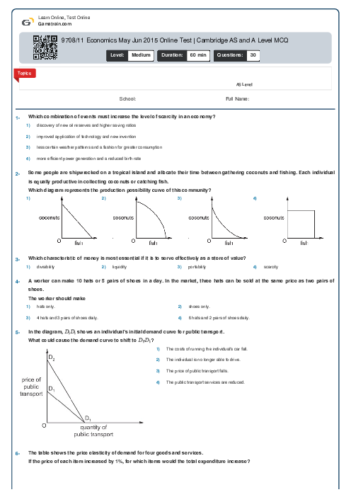 9708/11 Economics May Jun 2015 Online Test | Cambridge AS and A Level MCQ