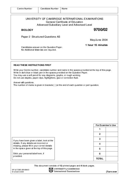 Biology 9700/02 May June 2004 | Cambridge AS Level Past Papers With Mark Scheme