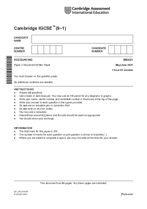 Paper 2, Variant 1, May June 2021 | Cambridge 9–1 GCSE Accounting (0985) Past Papers