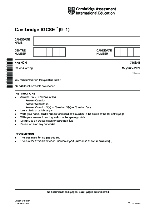  French 7156/41 May June 2020 | Cambridge 9–1 IGCSE Past Papers With Mark Scheme