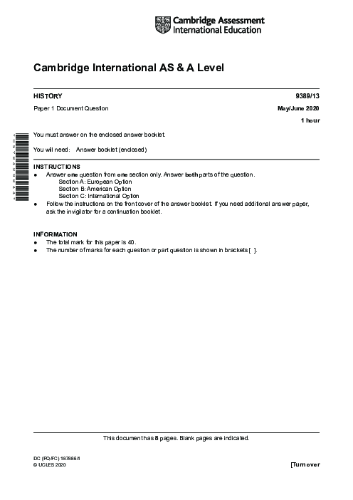  History 9389/13 May June 2020 | Cambridge AS & A Level Past Papers With Mark Scheme