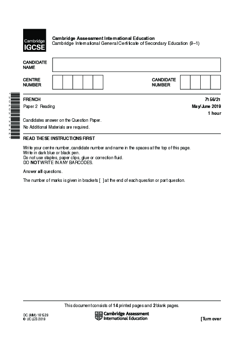  French 7156/21 May June 2019 | Cambridge 9–1 IGCSE Past Papers With Mark Scheme