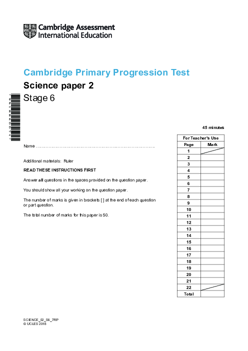 Cambridge Progression Test Stage 6 Science 2018 Paper 2