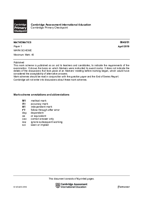 MATHEMATICS 0845,01 April 2019 | Cambridge Primary Checkpoint Past Papers and Mark Schemes