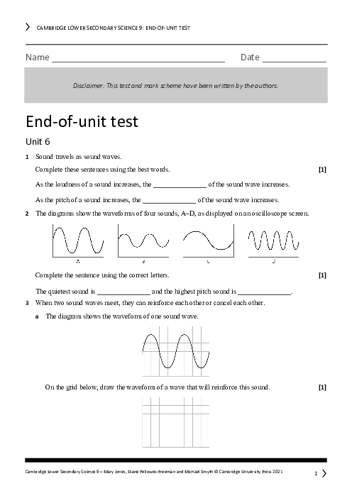 Cambridge Year 9 Science End of Unit 6 Test - Answers Included