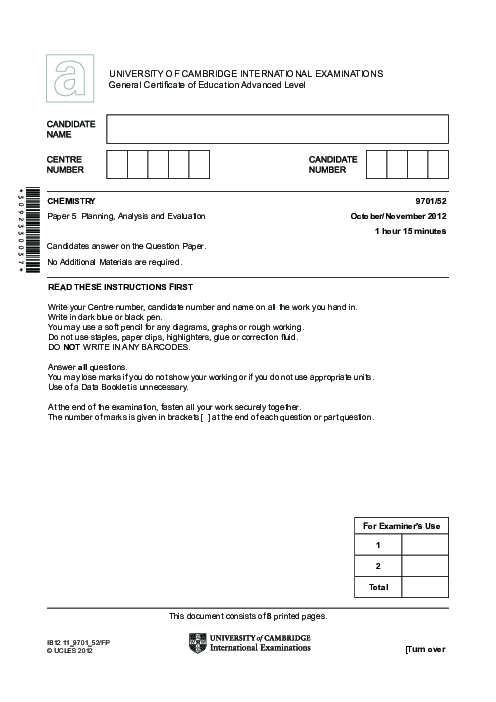 Chemistry 9701/52 Oct Nov 2012 | Cambridge AS Level Past Papers With Mark Scheme