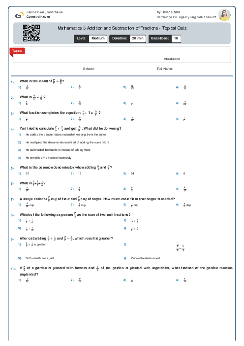  Mathematics 5 | Addition and Subtraction of Fractions - Topical Quiz