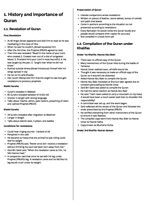  Islamiyat (0493) History and Importance of Quran Revision Note