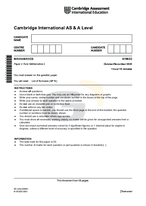 Mathematics 9709/23 Oct Nov 2023 | Cambridge AS & A Level Past Papers With Mark Scheme