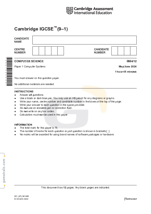 Computer Science 0984/12 May June 2024