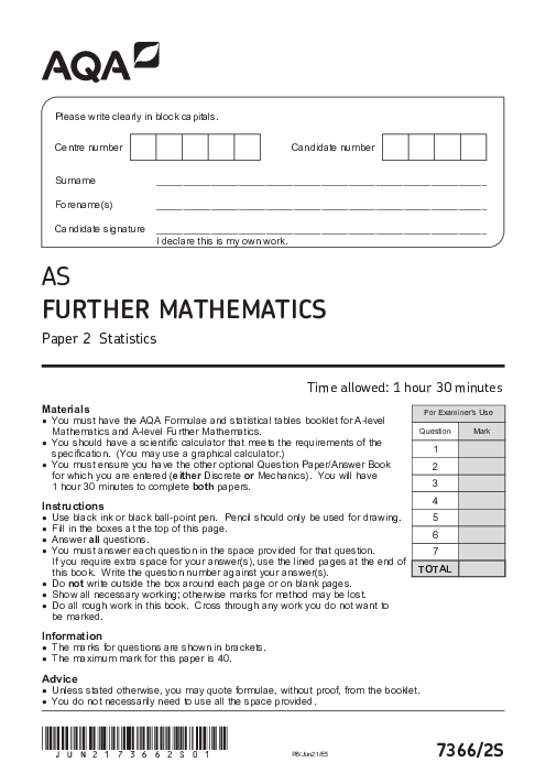 Further Mathematics 7366 Paper 2S June 2021, AQA AS-Level Past Papers with Mark Schemes