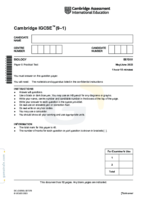 Biology 0970/51 May June 2023
