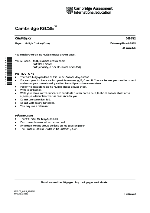 Chemistry 0620/12 March 2025